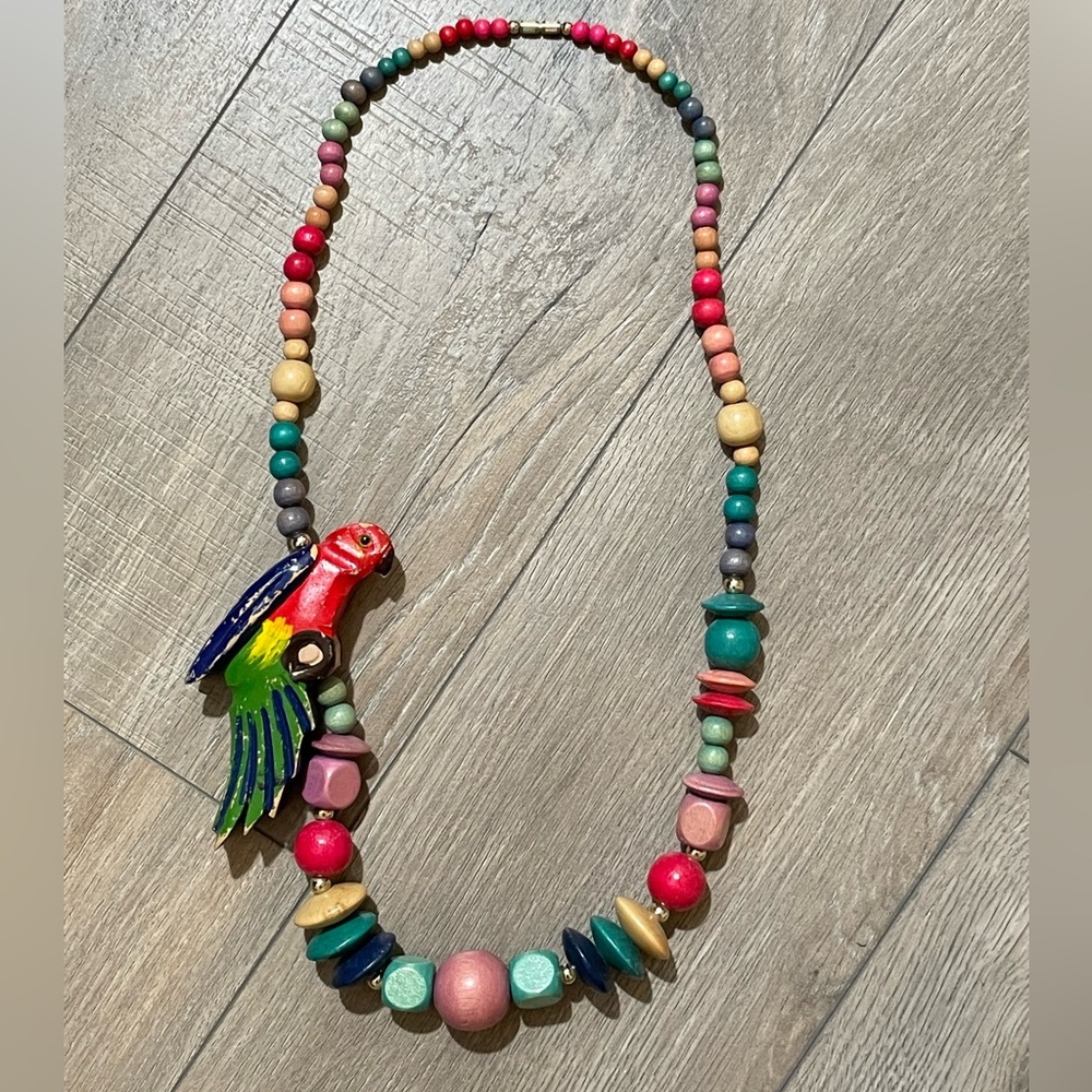 Vintage Tiki Parrot Necklace Rainbow Beads Wood